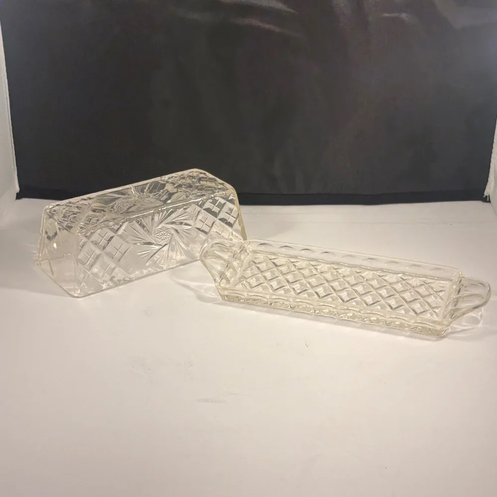Clear Molded Plastic Faux Cut Crystal Covered Butter Dish – Starburst Diamond